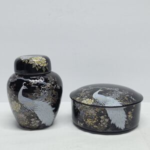 Vintage Porcelain Shibata Black Ginger Jar And Trinket Box White Peacock Japan
